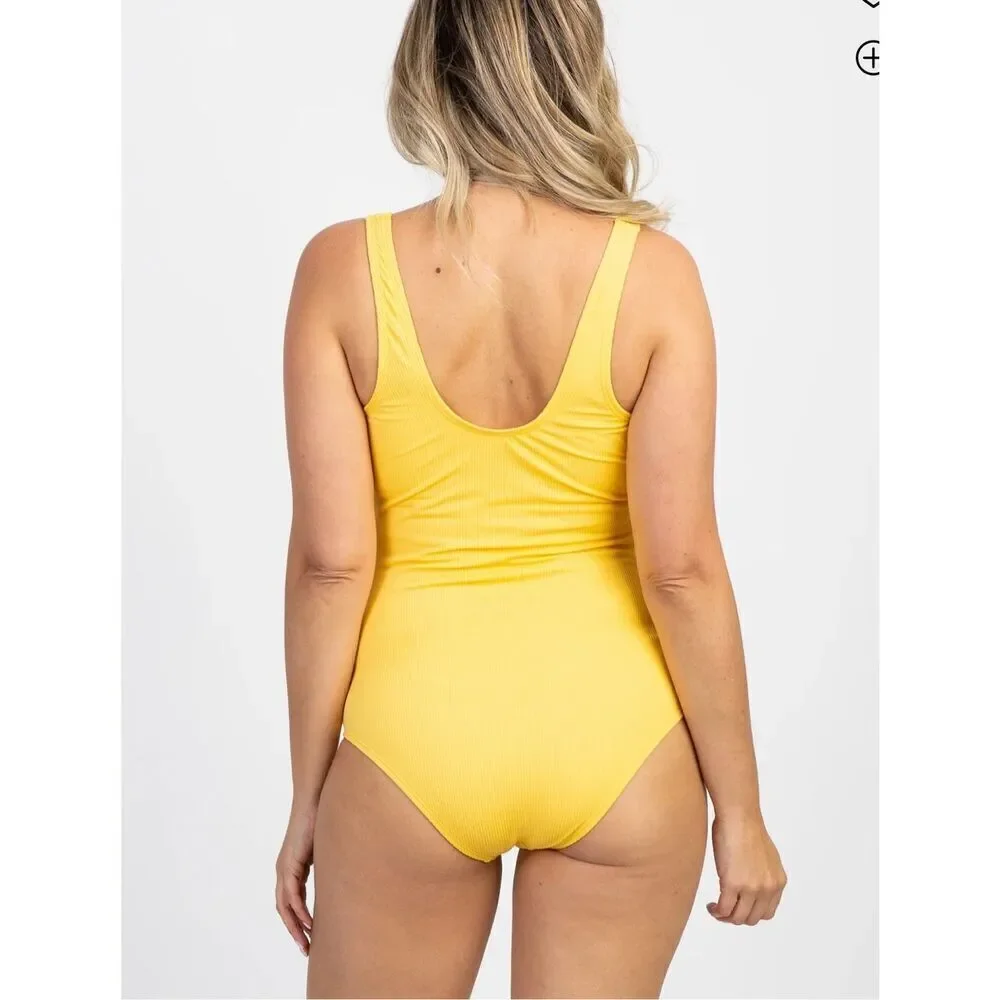Pinkblush Yellow Ribbed Front Knot One-Piece Maternity New Size Medium